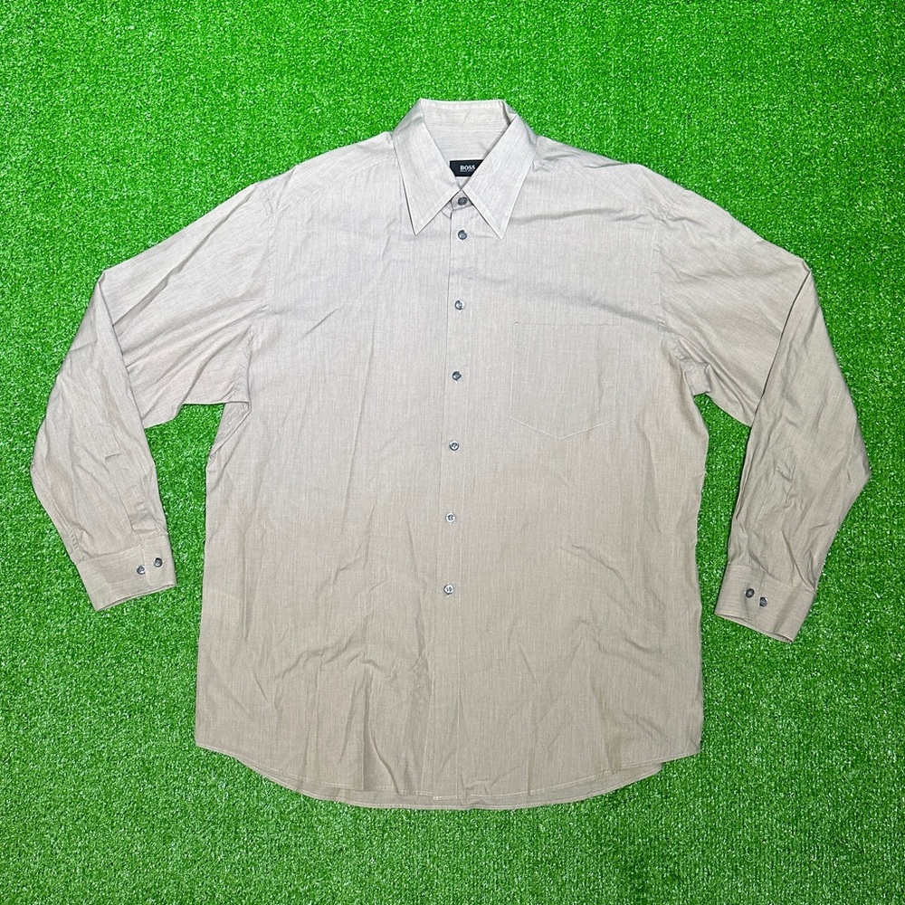 Vintage Hugo Boss Button Up Dress Shirt Size Large 17.5 34/35 Beige - Hong Kong